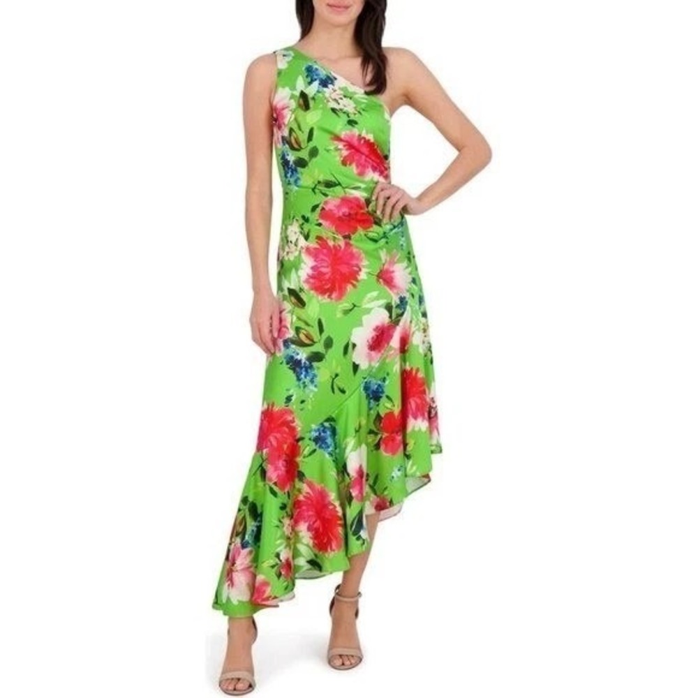 Eliza J‎ 10 Green Floral Satin One Shoulder Asymmetric Maxi Dress Garden Party